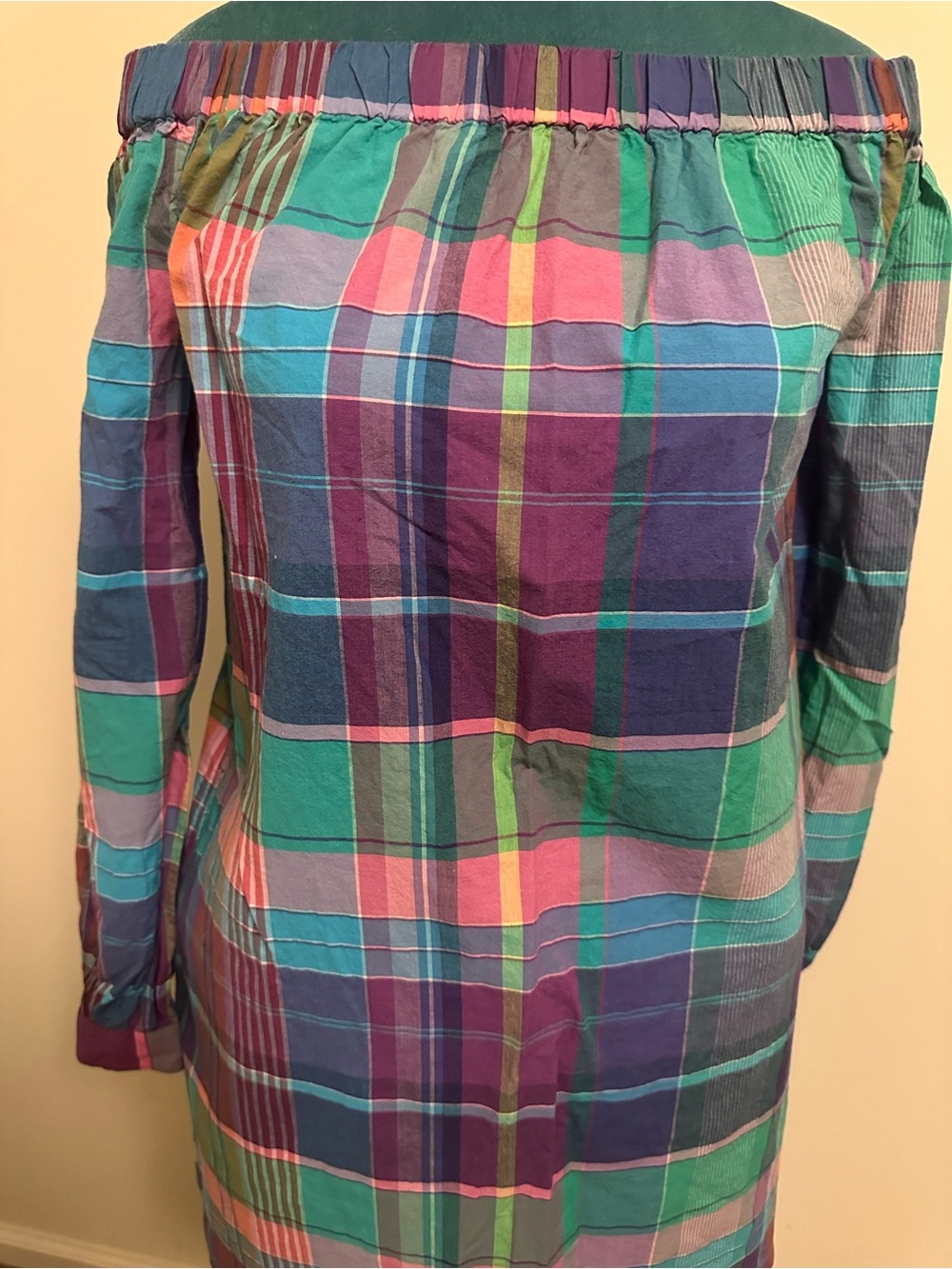 Ralph Lauren POLO Off-Shoulder Plaid Tunic Top in Teal & Purple